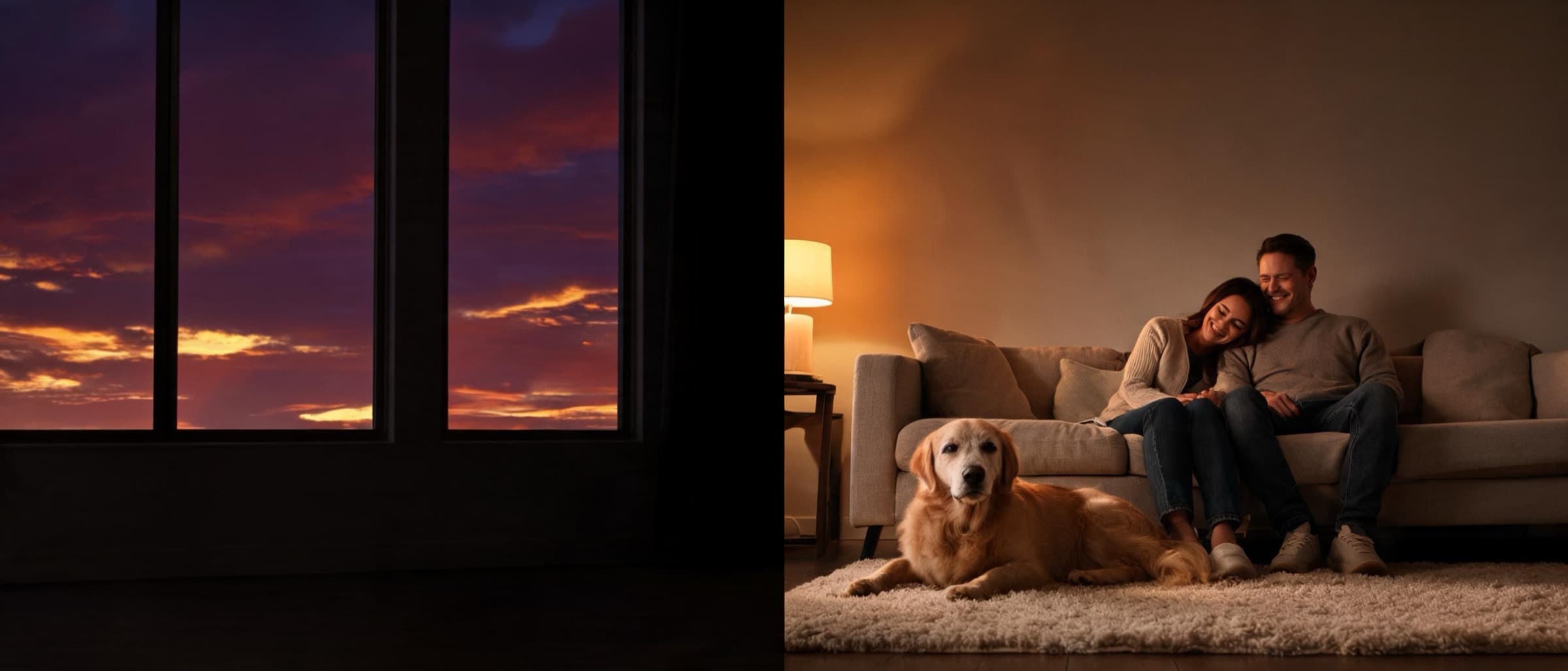 A couple laughing softly on the couch at dusk, their senior golden retriever settling on the rug at their feet, a plum and amber sunset out the window