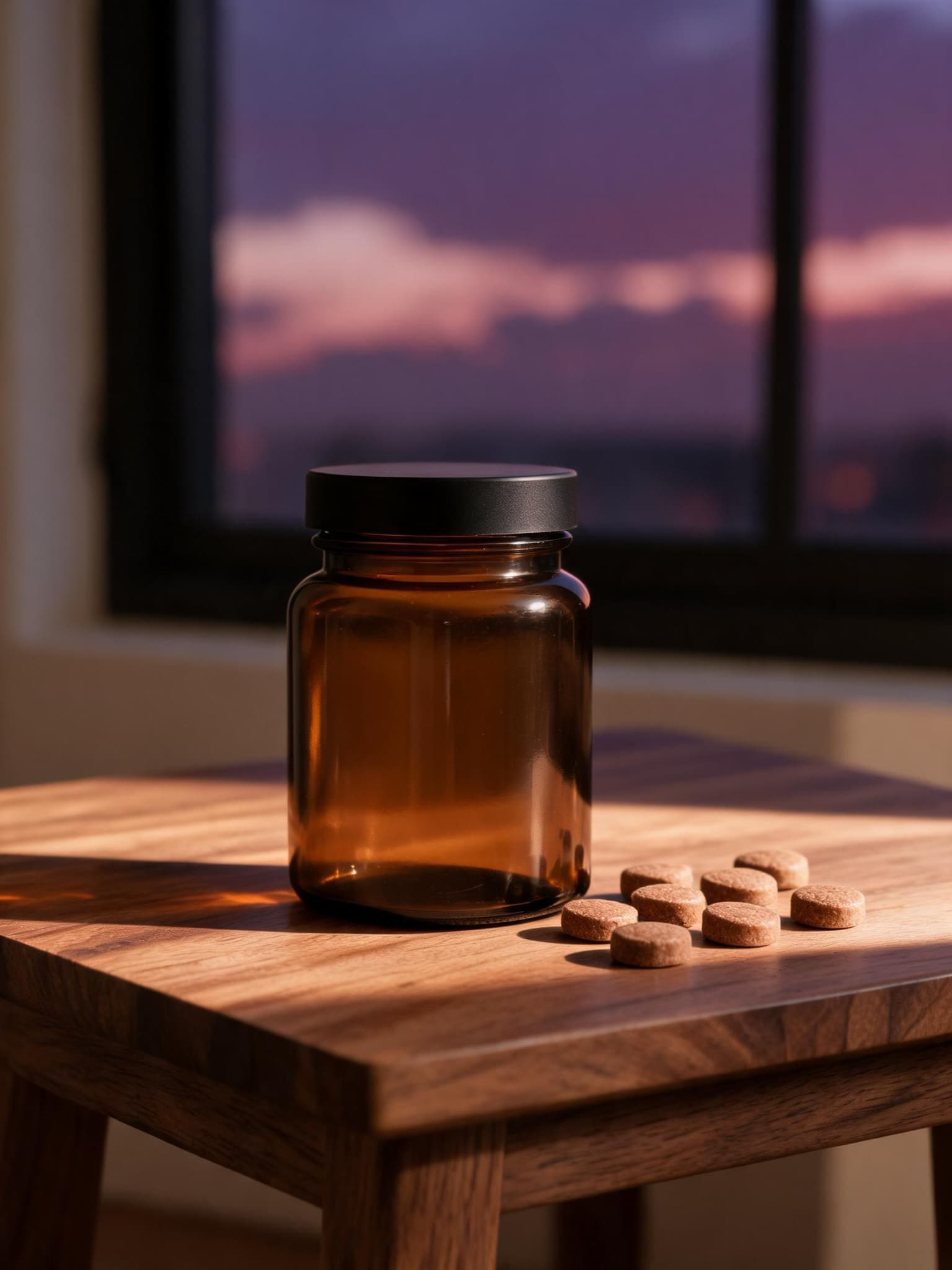 An amber glass jar of Sundown Softchews on a walnut side table in warm evening light, soft chews beside it