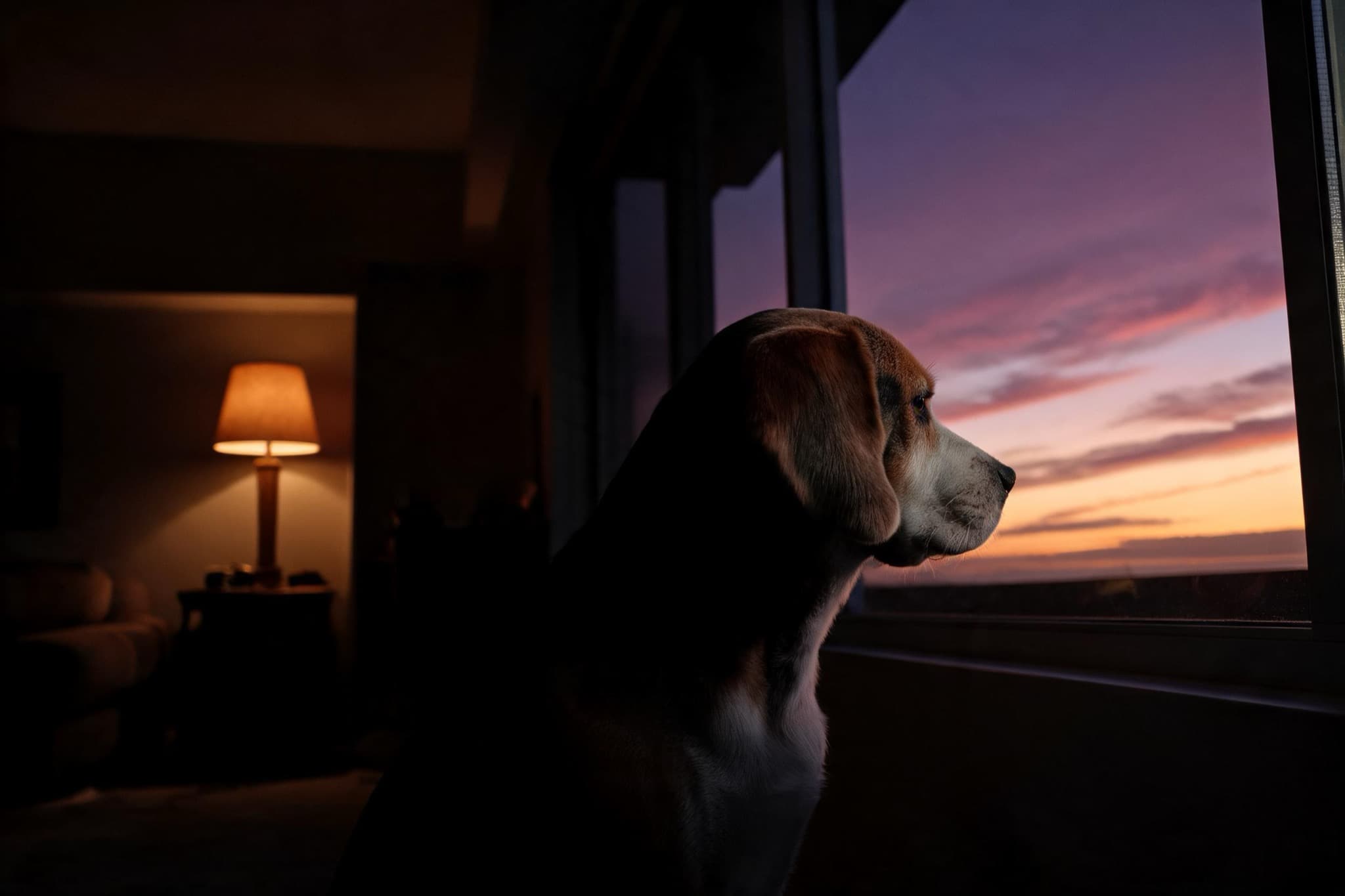 A senior beagle sitting by a living-room window at dusk, silhouetted against a deep plum and amber sky